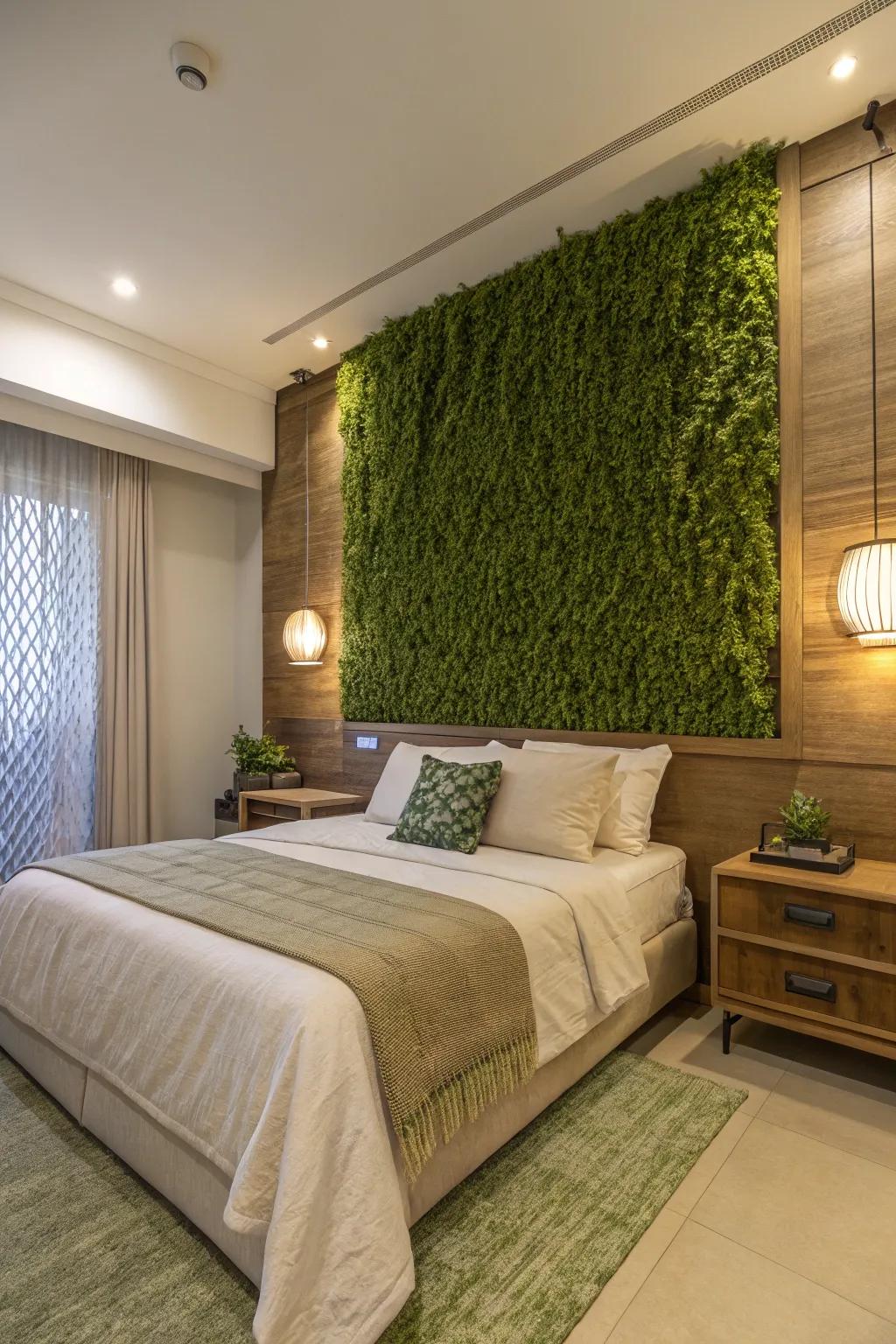 A serene vertical garden establishes a calming atmosphere within the bedroom for restful slumber.