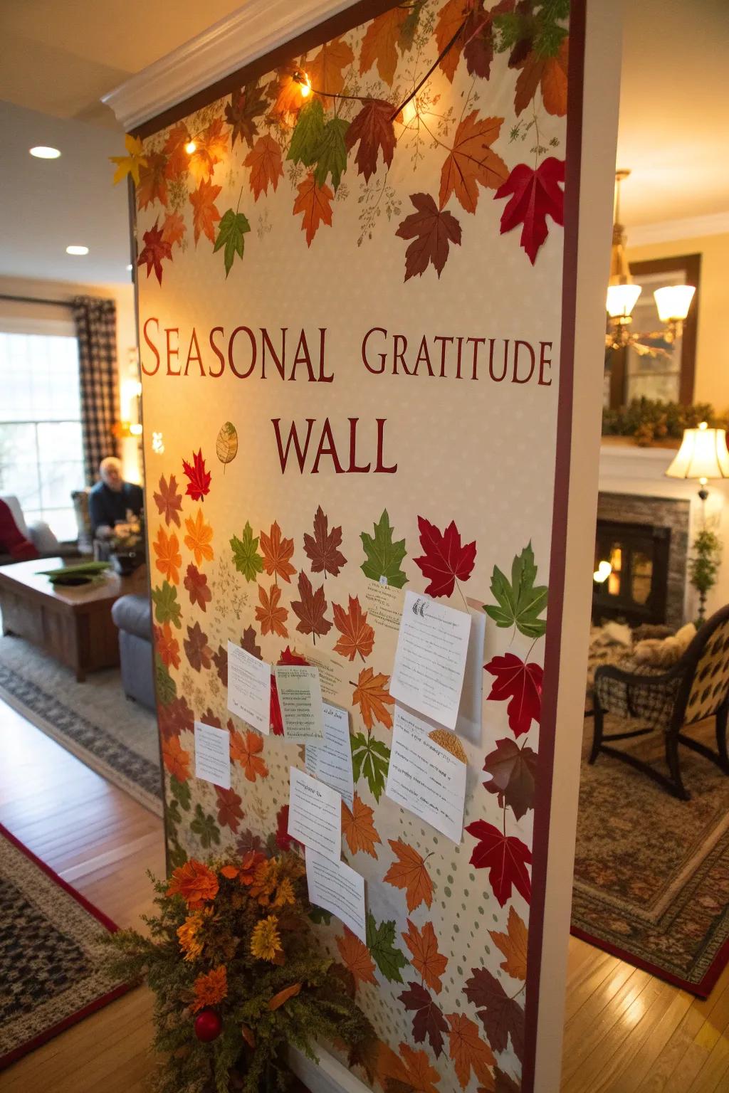 A seasonal gratitude wall featuring autumn components.