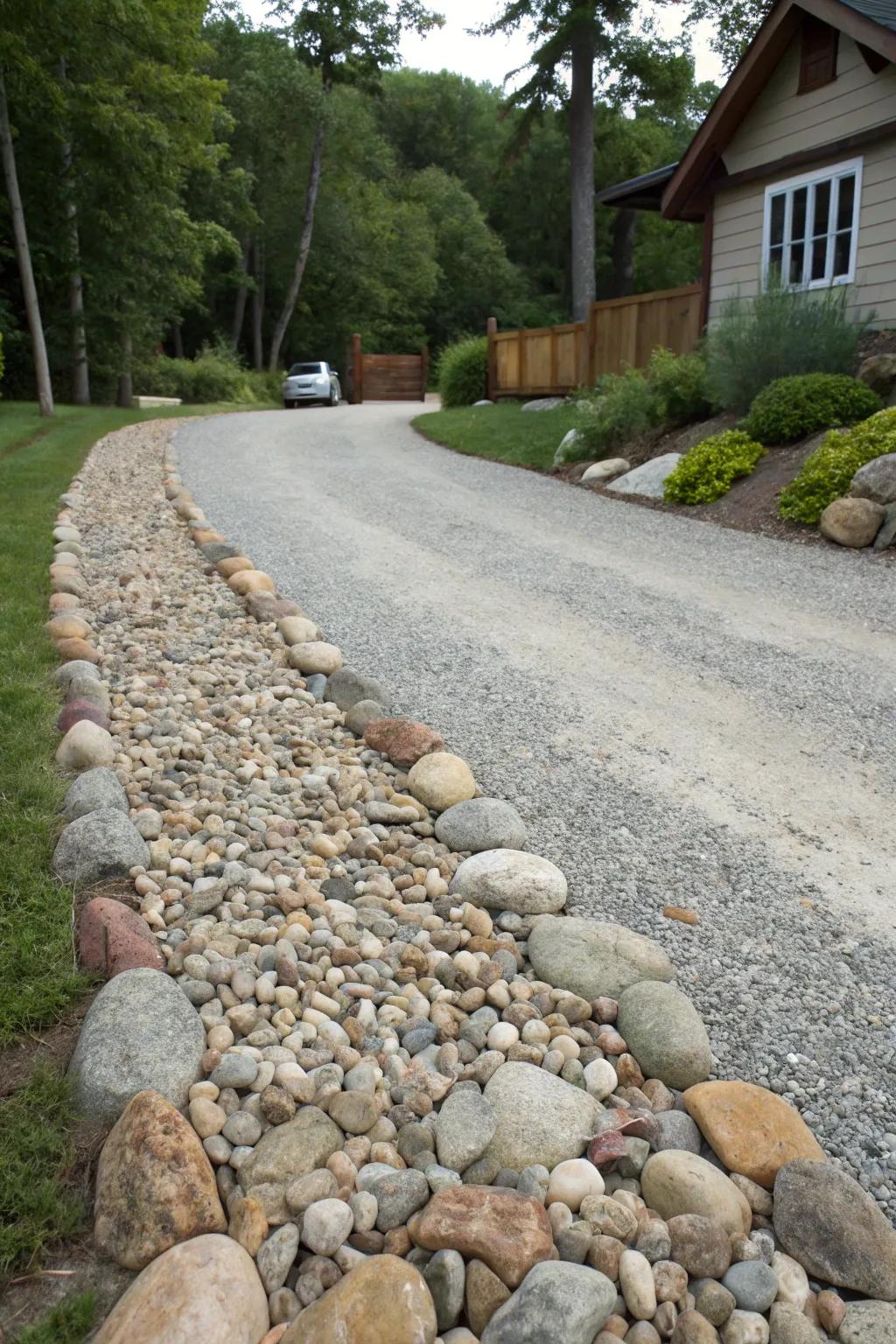 Stream stone borders provide a smooth and organic transition.