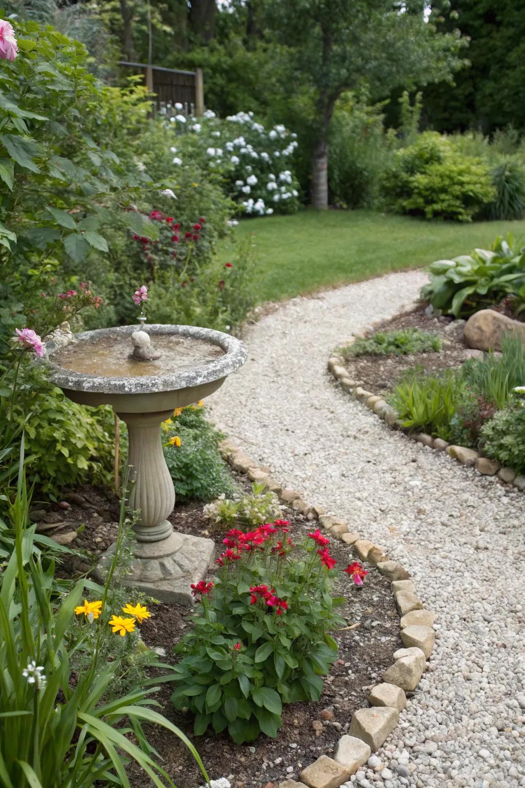 A wildlife-friendly stone flower garden including a birdbath