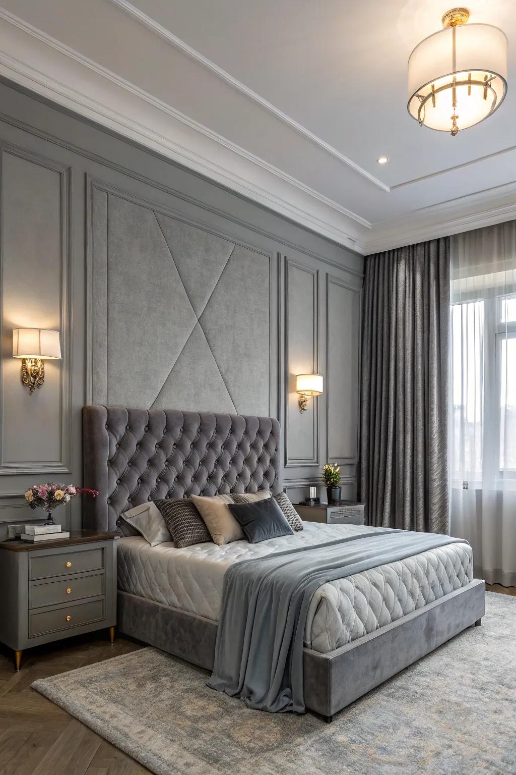 A refined gray bedroom showcasing luxurious velvet.