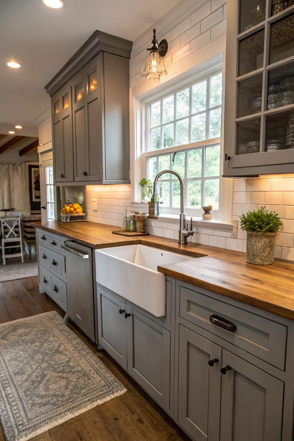 A farmhouse sink adding charm and utility to gray cabinets.
