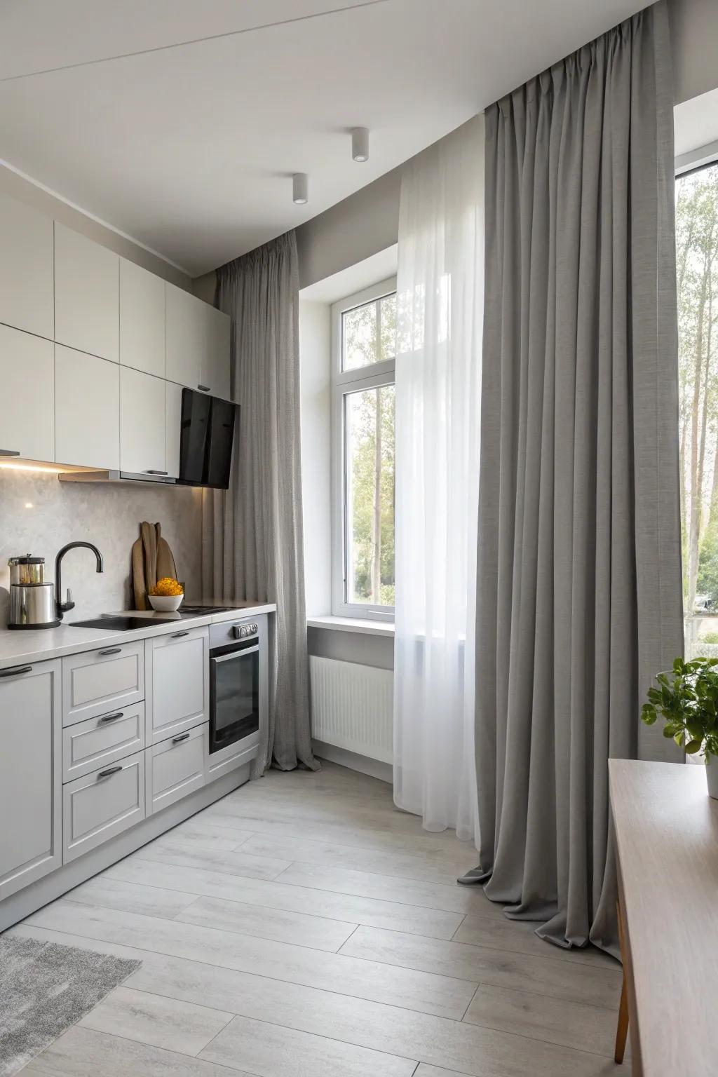Minimalist gray drapes that merge effortlessly with kitchen design.