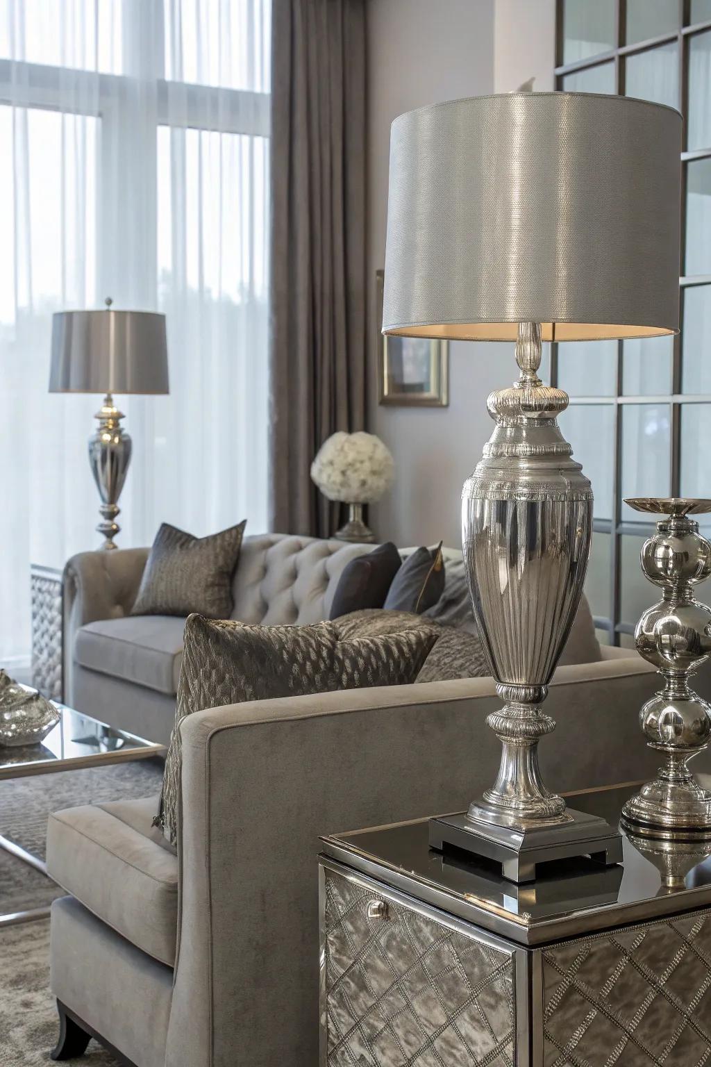 Metallic highlights enrich gray interiors with luxury.
