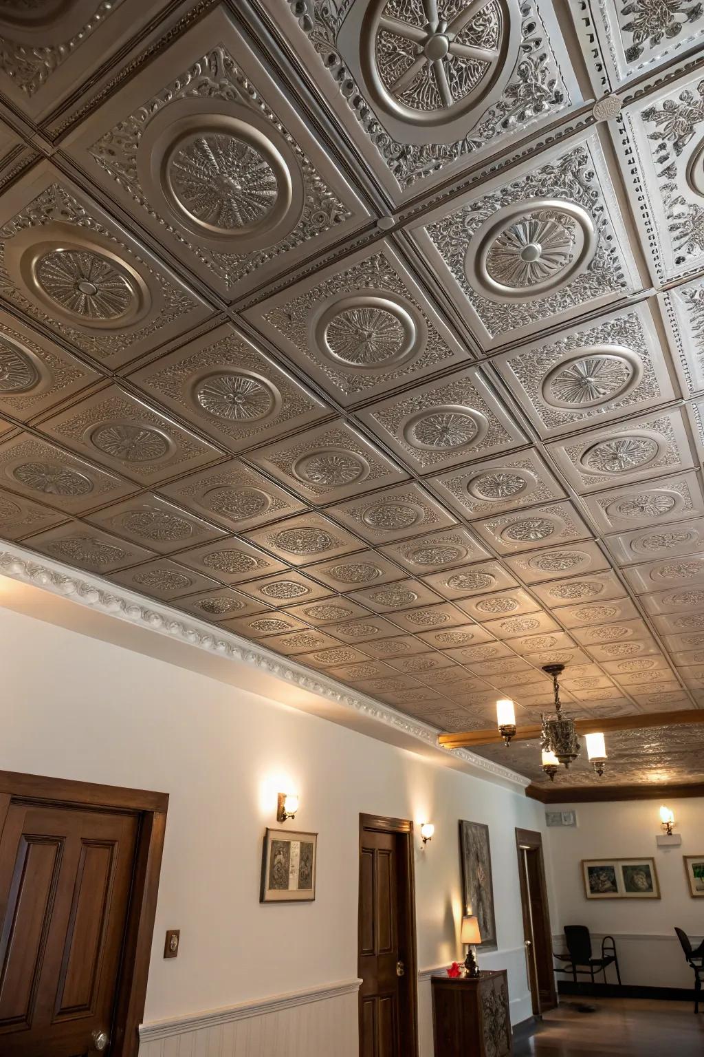 Metal tiles add vintage elegance and a unique shimmer to ceilings.