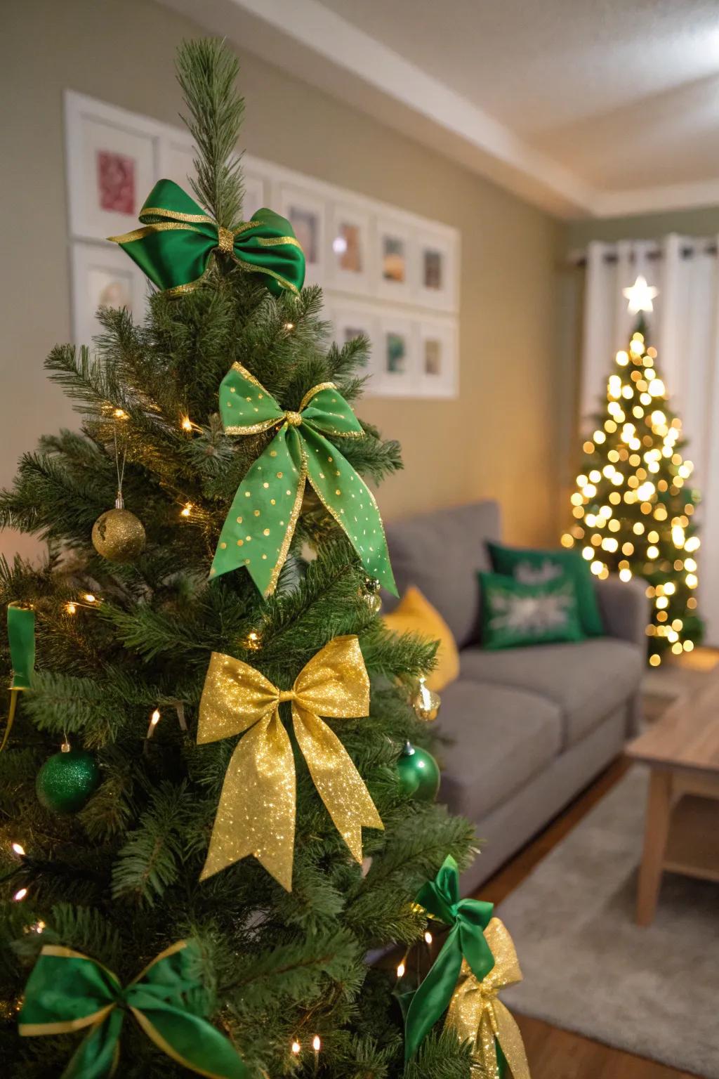 Green and gold bows contributing charm to the tree