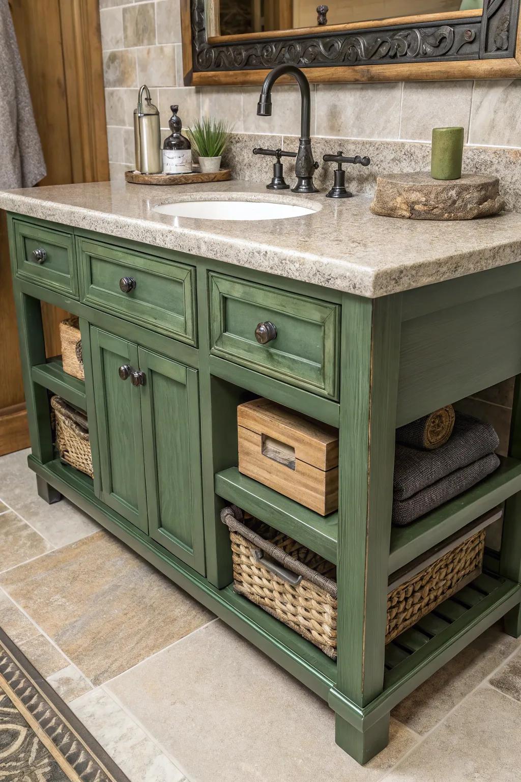 Verdant console complemented by a mix of materials for an active aesthetic.