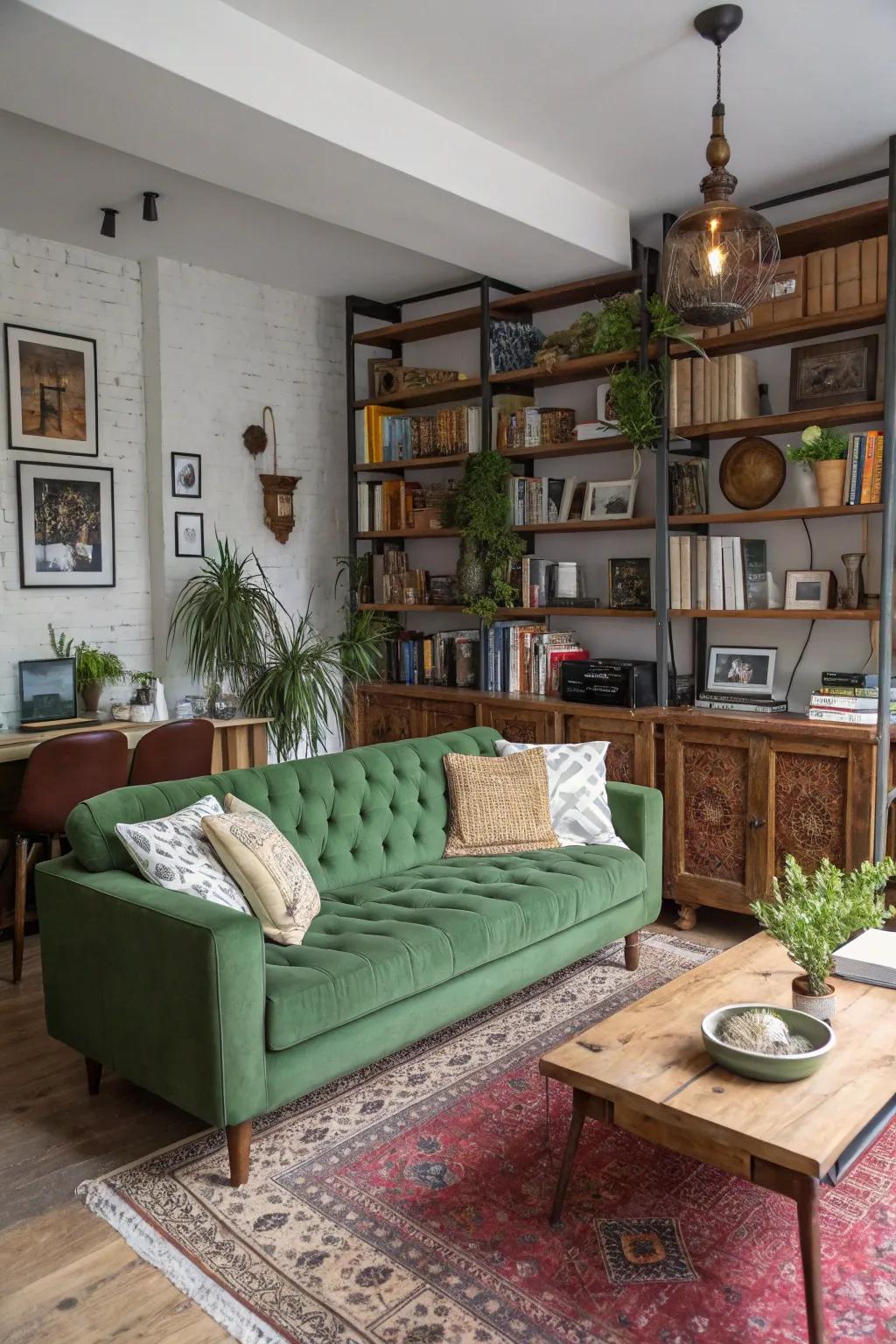 An assorted fusion of styles crafts a unique and personalized space around a verdant couch.