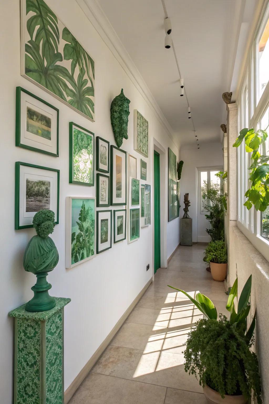 A gallery wall with green-toned art adds sophistication and personal style.