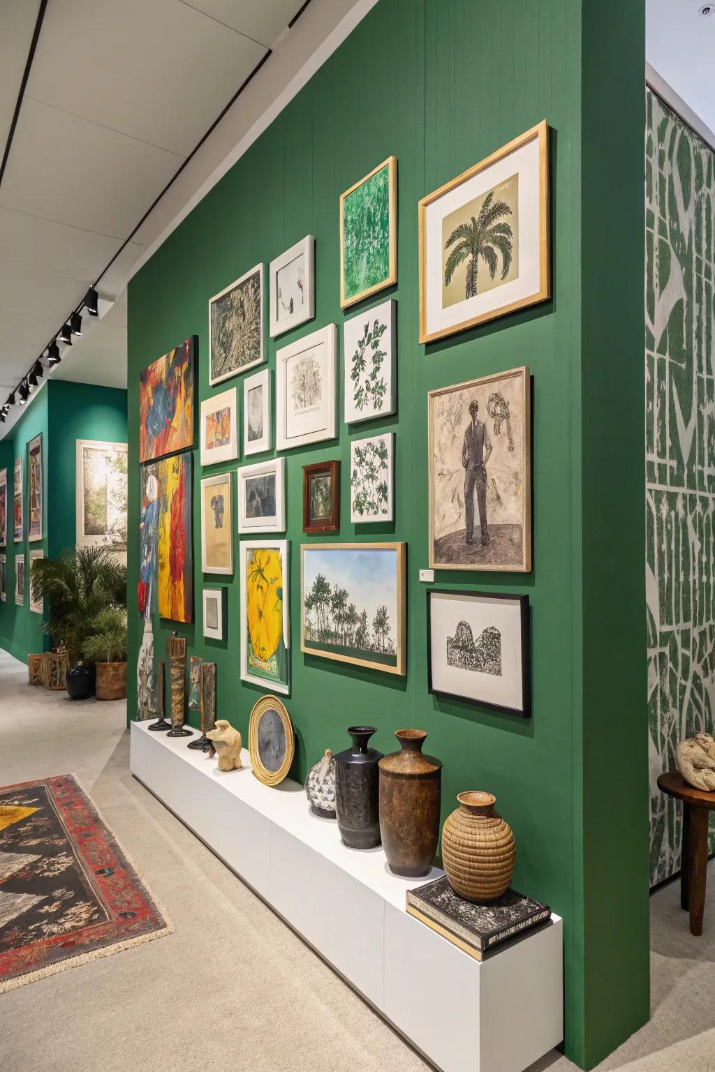 Positioning a gallery wall against a backdrop of green creates a captivating visual contrast that draws the eye.