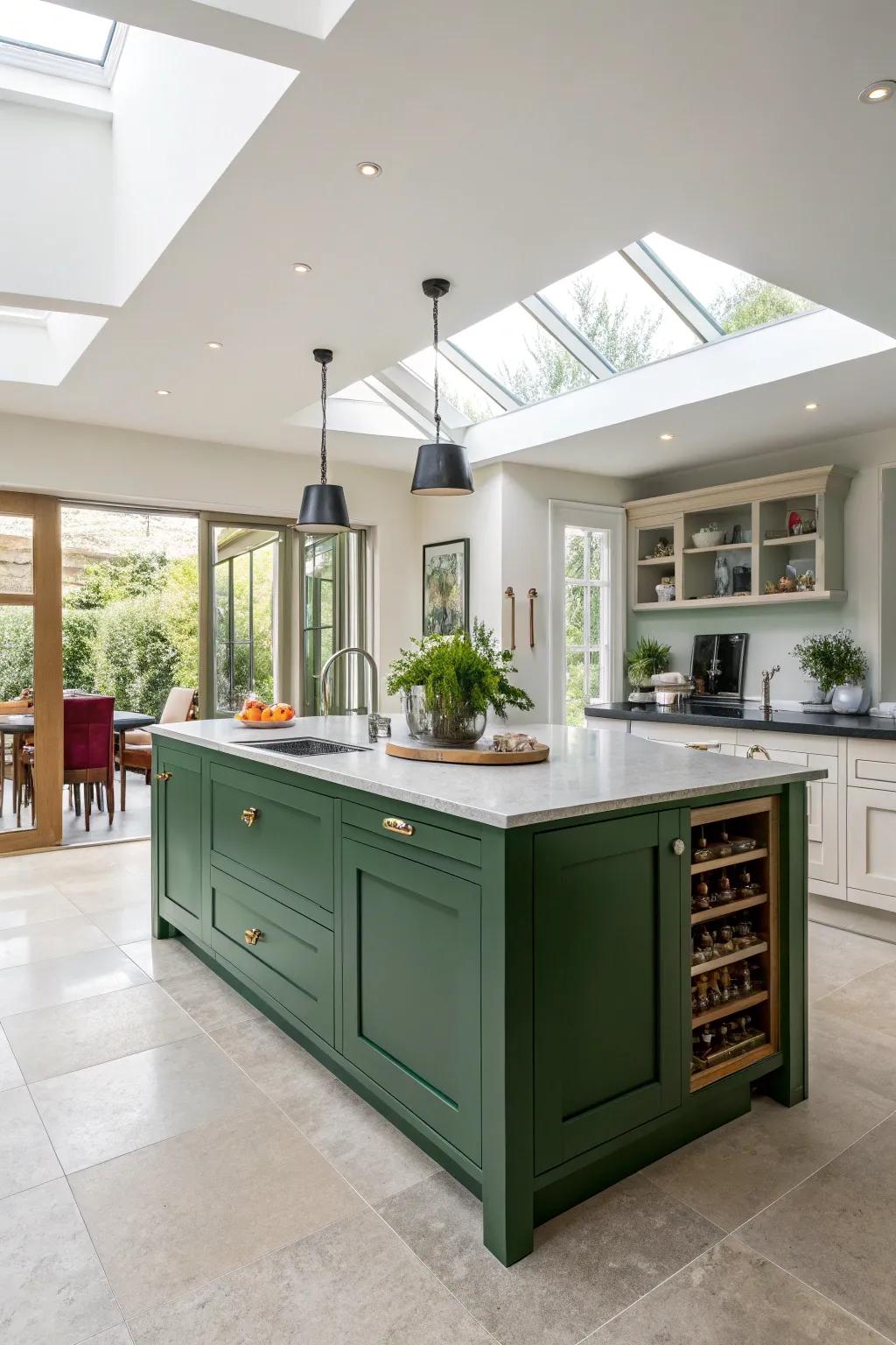 A green island serves as a breathtaking centerpiece in an open kitchen.
