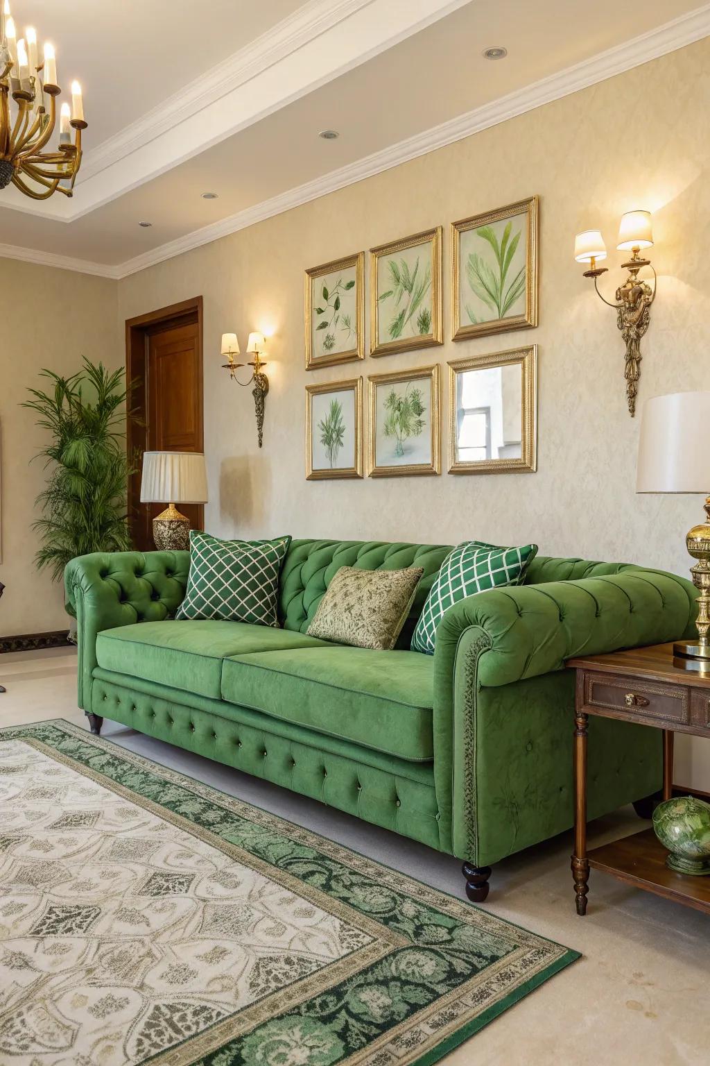Green upholstery acts as a versatile centerpiece.