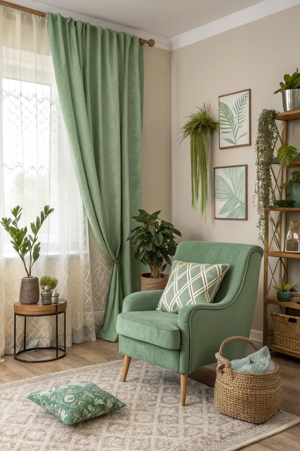 Green and neutral shades achieve a harmonious balance.