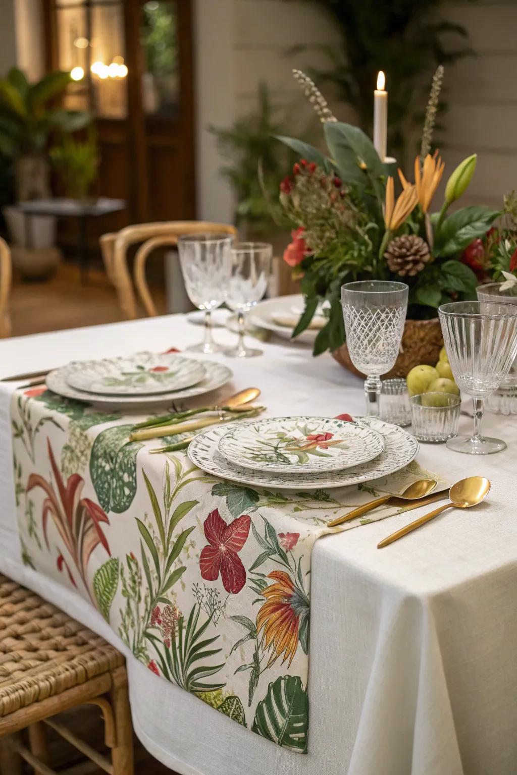 Botanical print linens contributing a garden-like sensation.