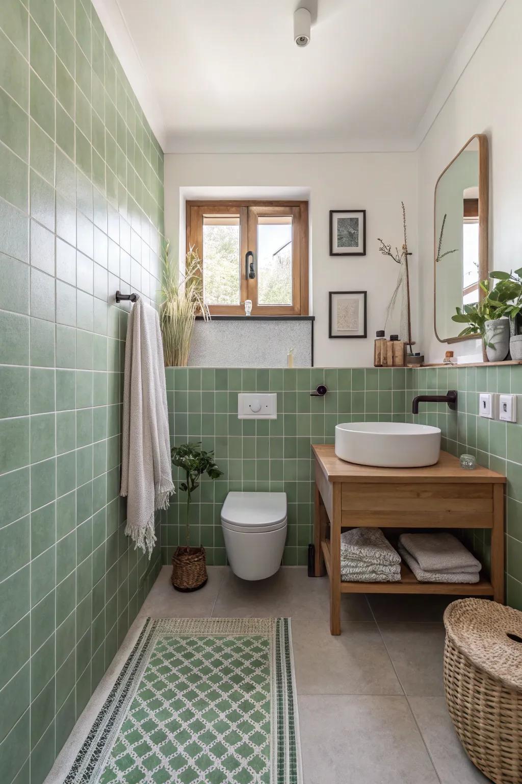 Pale green tiles establish a tranquil and balanced atmosphere.
