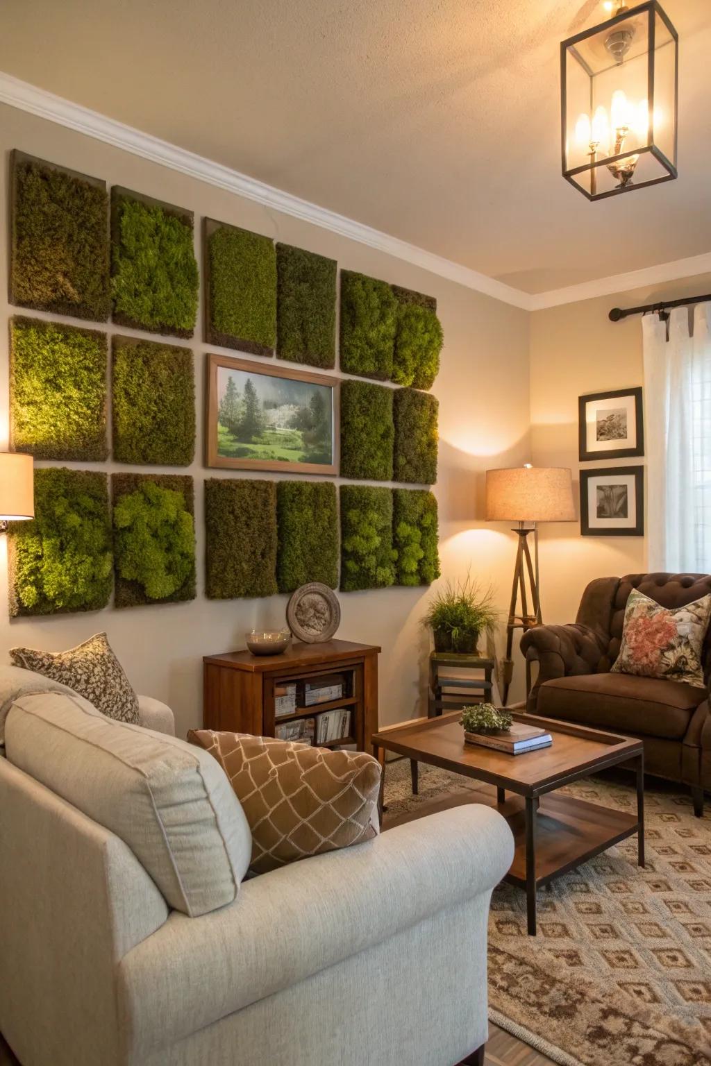 Moss wall accents provide a lush, natural feel without maintenance.