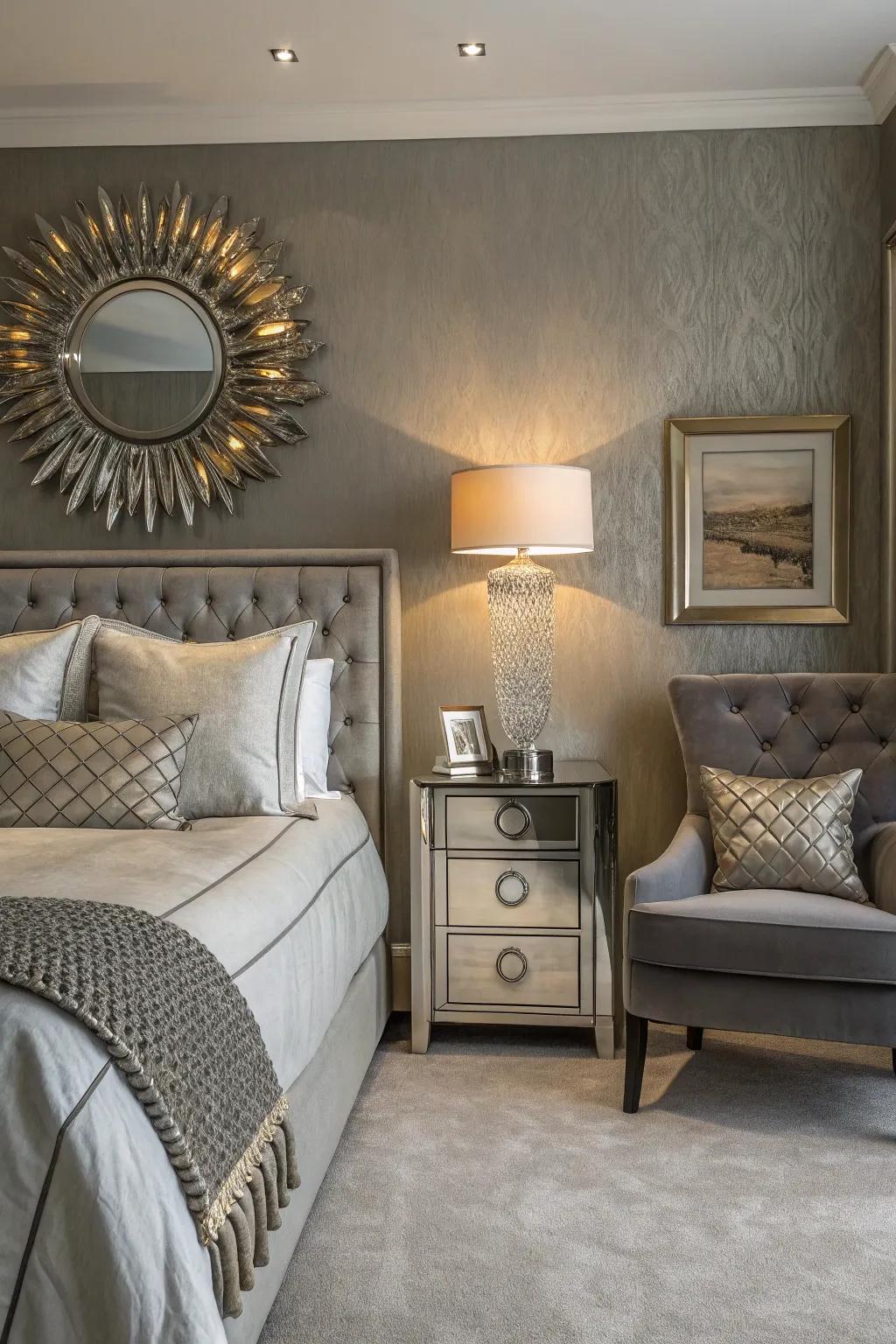 Metallic tones impart an element of allure to this grey feature wall.