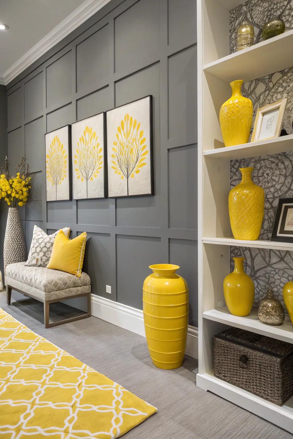 Bursts of yellow against a grey accent wall.
