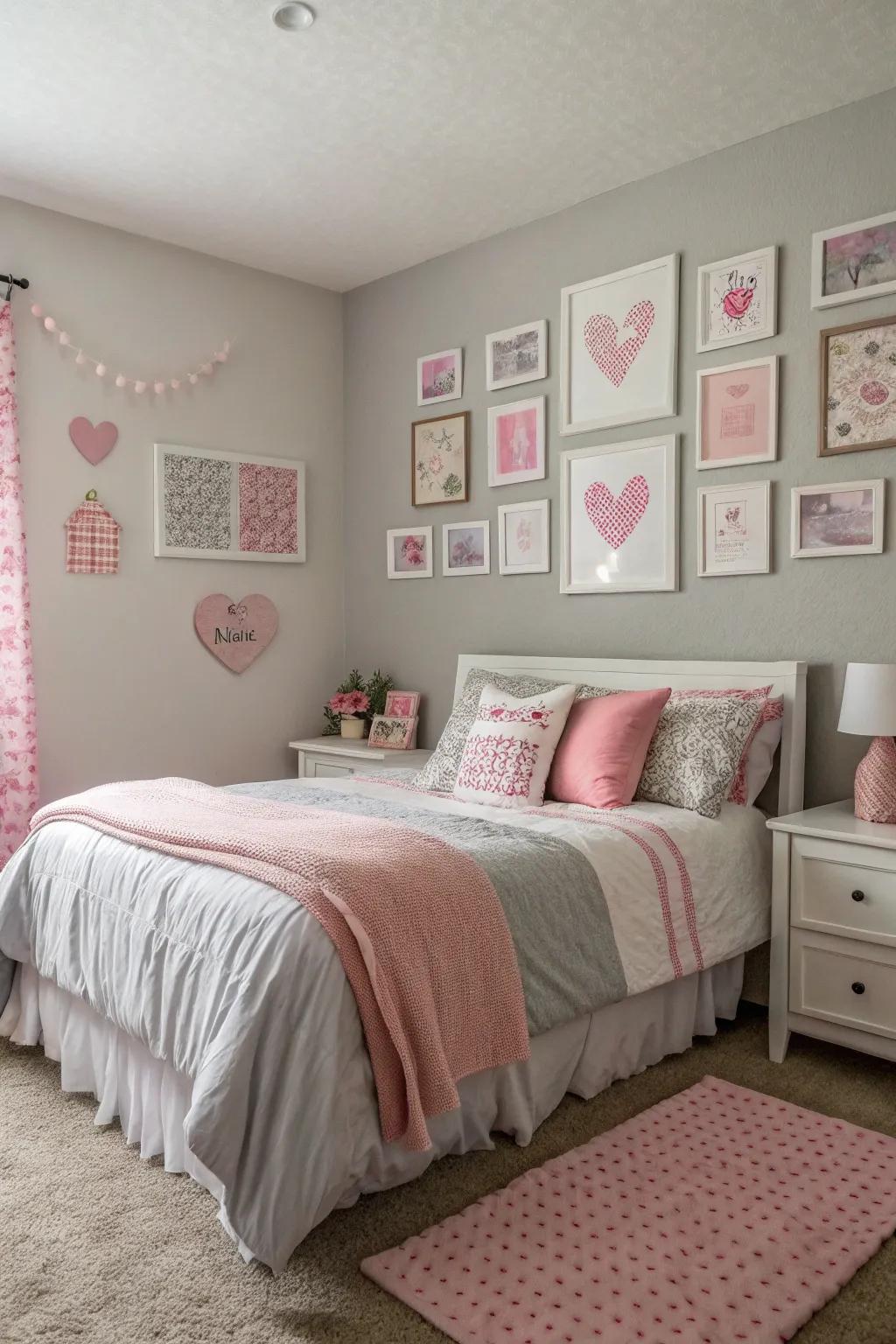 Pink art pieces infuse character and panache into the room.