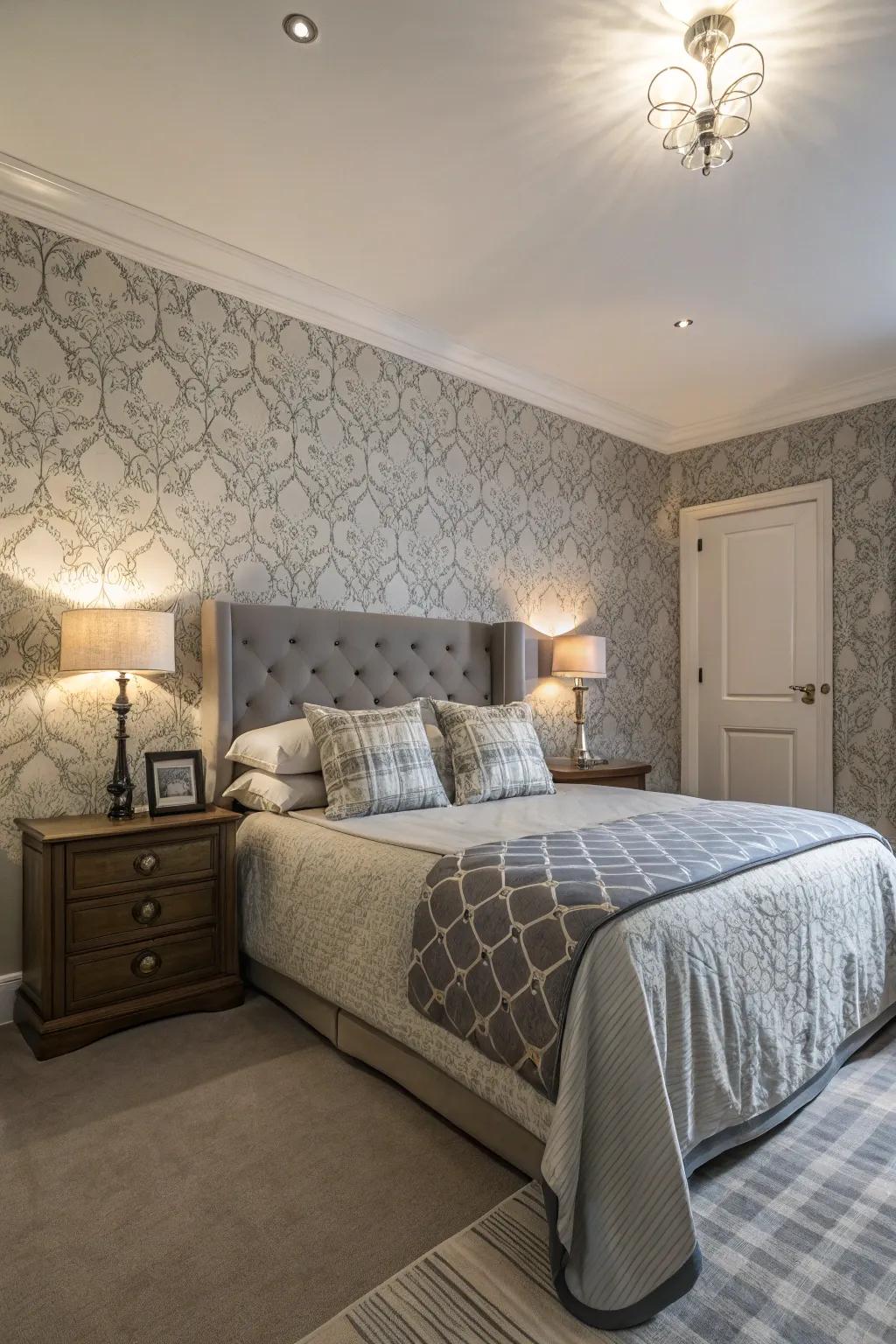 Designs append fascination to a grey bedroom.