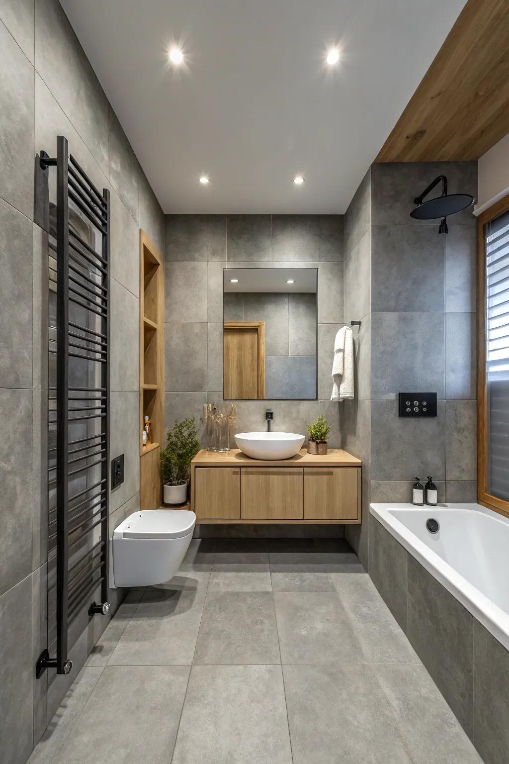 Extending grey tiles from wall to floor creates a seamless and elegant bathroom design.