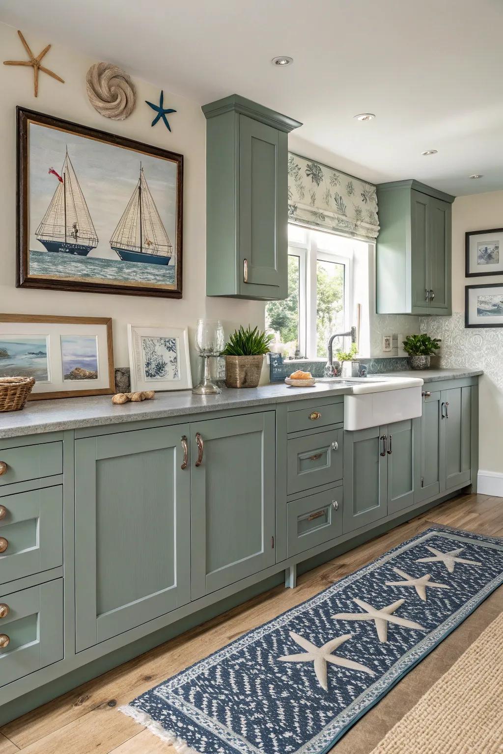 Maritime touches bring a coastal vibe to grey-green cabinets.
