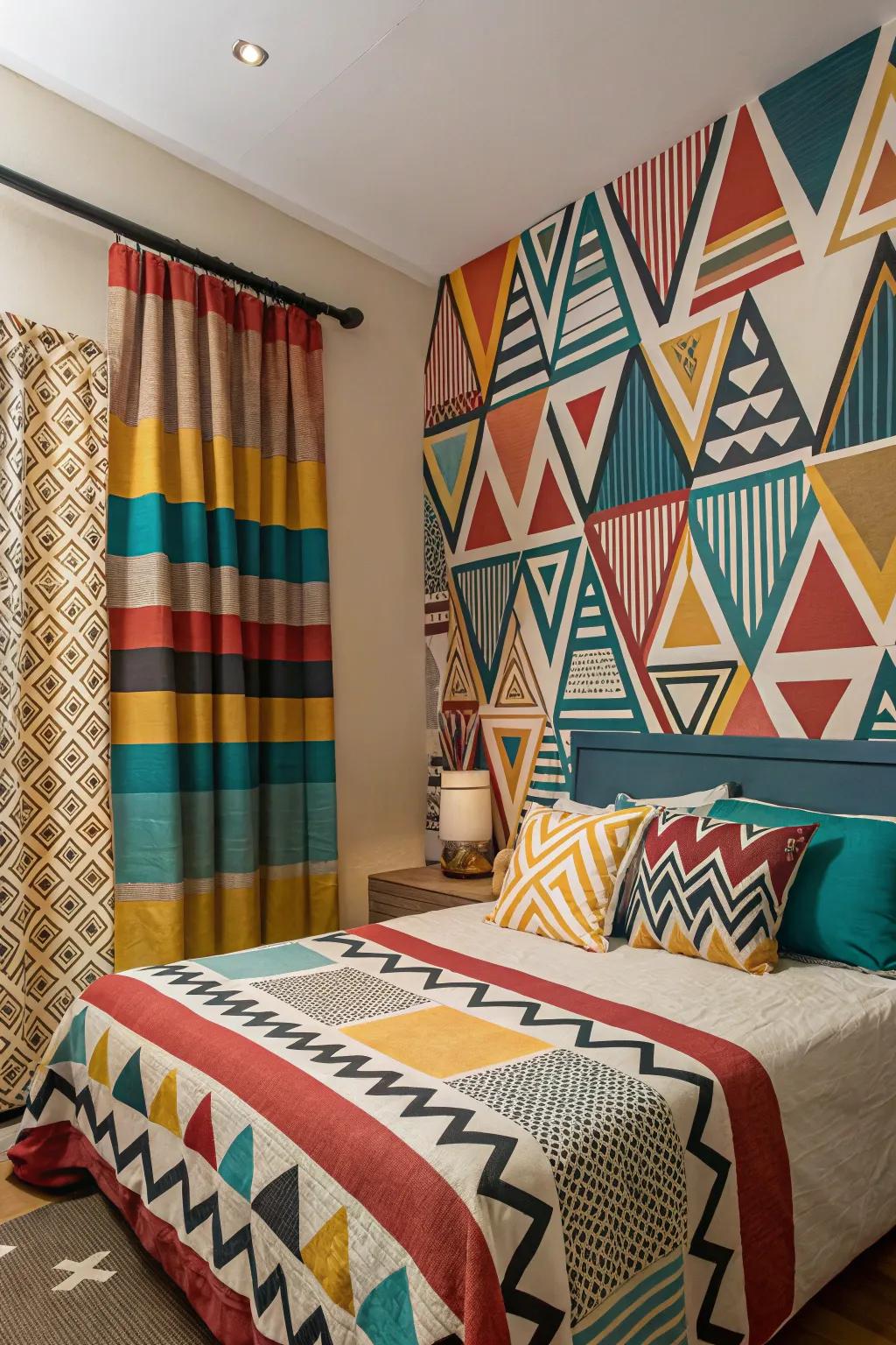 Geometric shapes contribute a contemporary twist to the retro style.