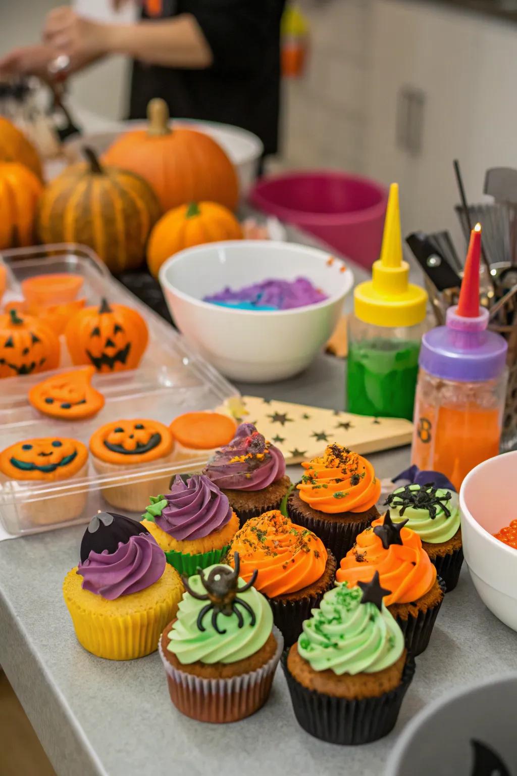 Spark imagination with a monster cupcake station.