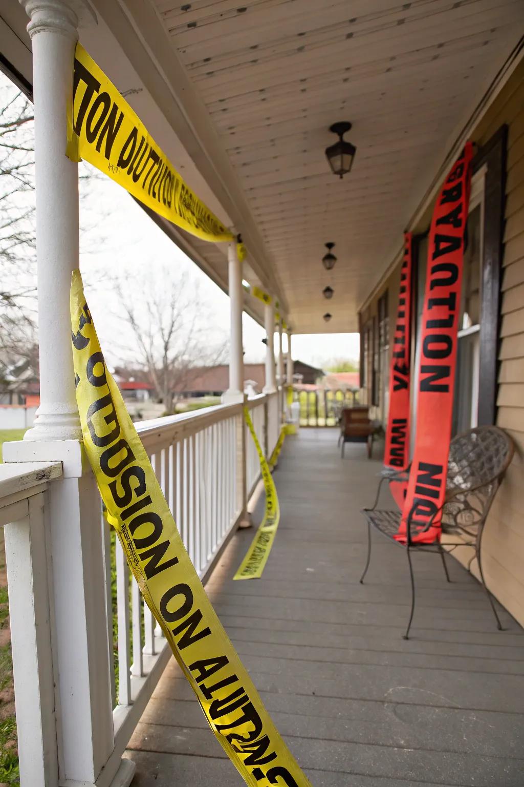 Homemade hazard tape streamers enhancing the Halloween vibe.