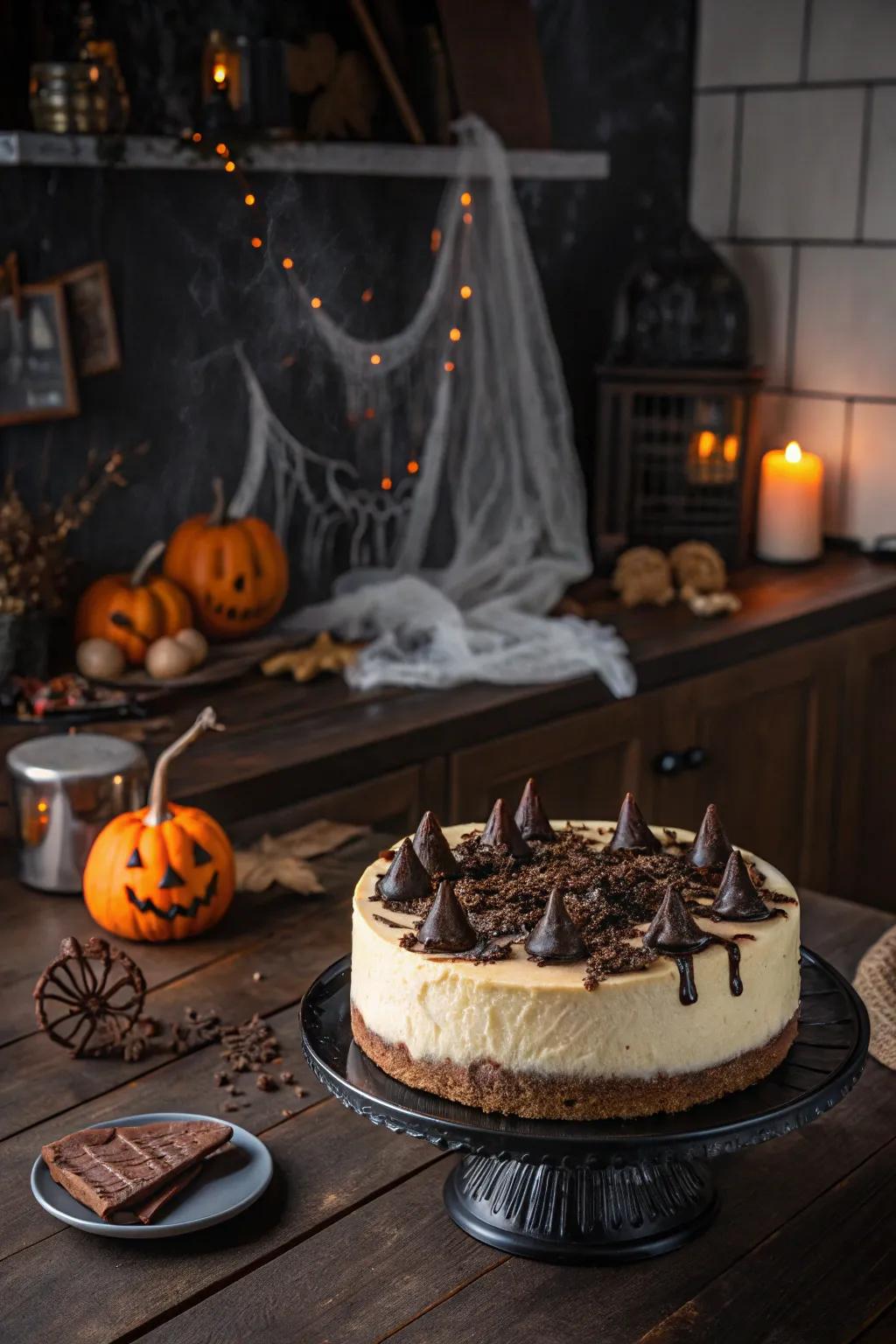 Cocoa bones contribute a frosty nuance to this cheesecake.