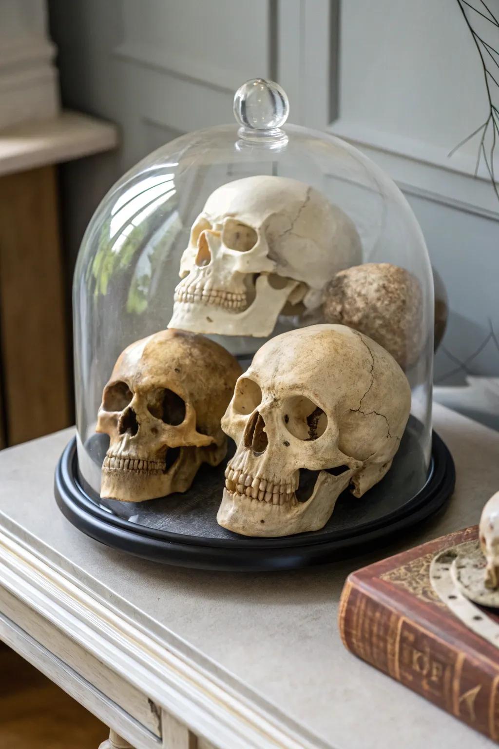A classic Halloween display case overflowing with craniums.