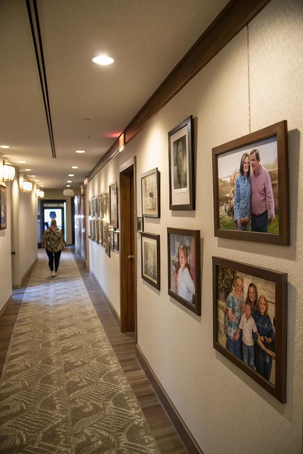 Imaginative family photo displays contribute a personal touch to hallways.