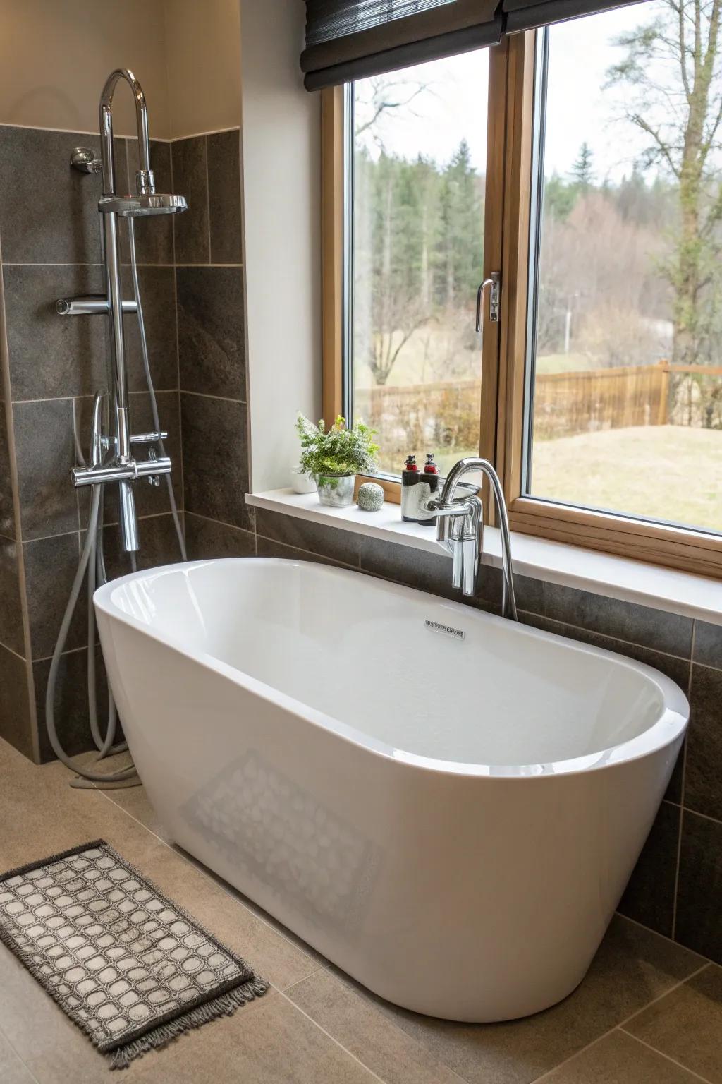 Link a hand sprayer with a tub water spout to do two things at once.