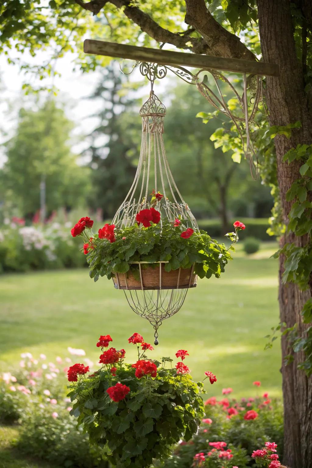An overhead display of geraniums adds drama to any space.