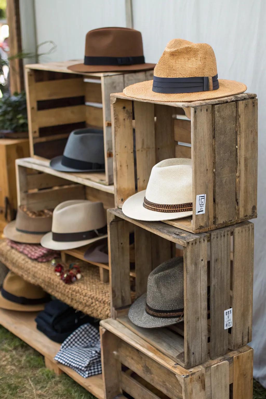 Farmhouse boxes infuse a rustic allure into your hat display.