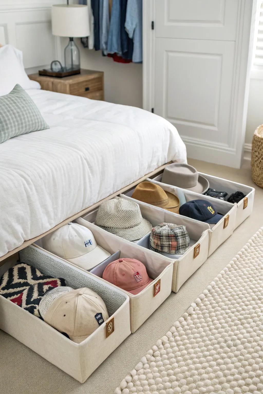 Under-bed storage for hats.