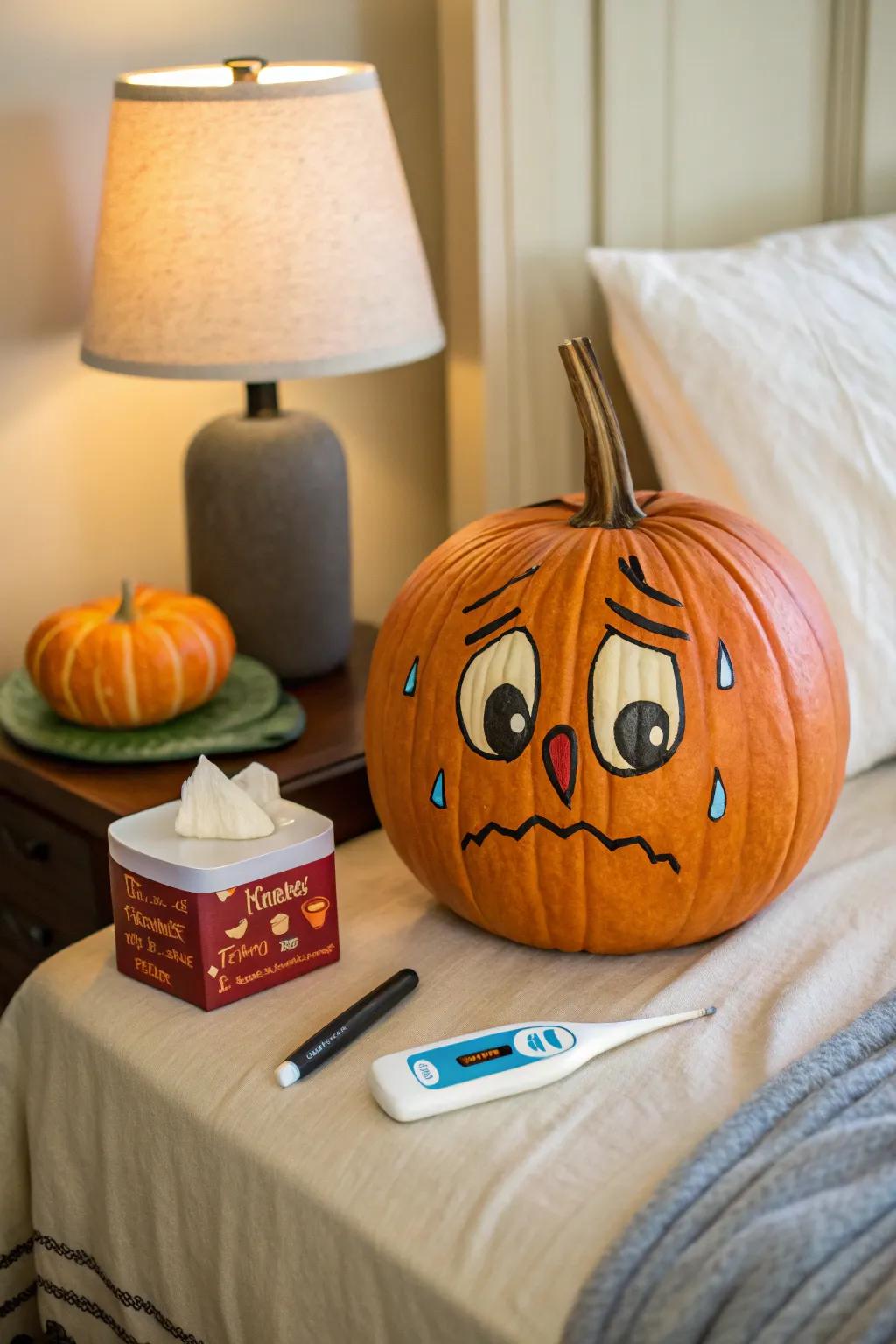 A ‘sick’ pumpkin that introduces a humorous and relatable element to your decor.
