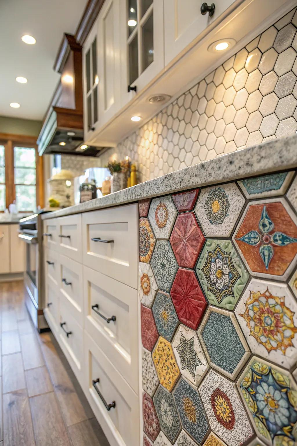 A hexagon mosaic imparts a unique artistic accent to your kitchen.