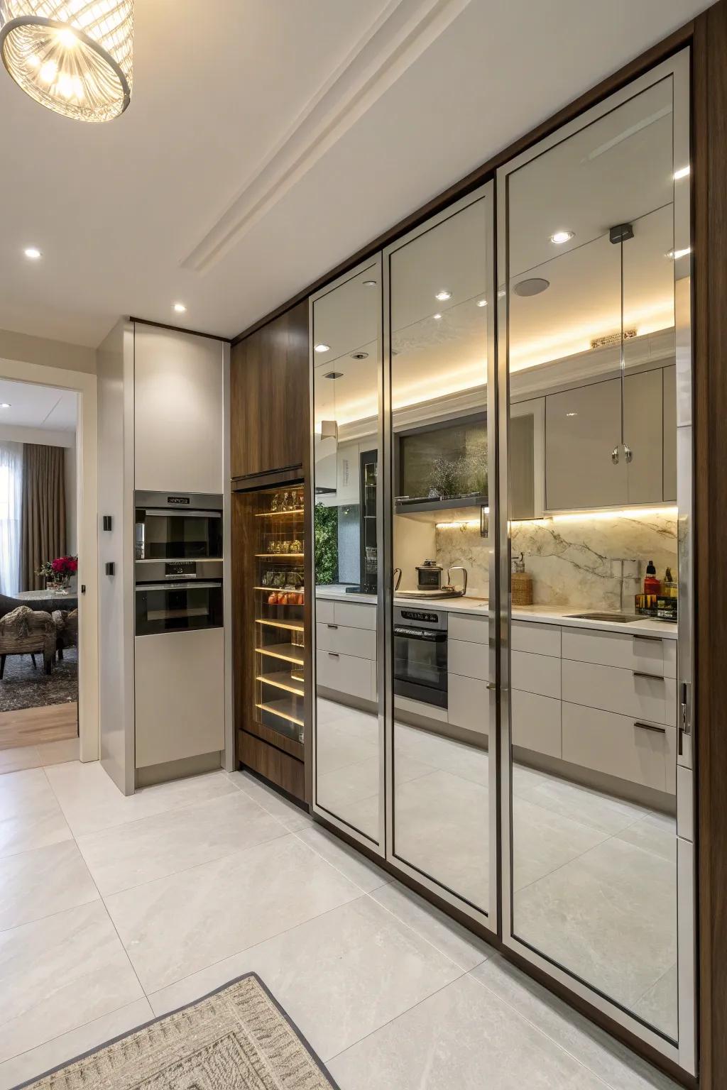 Mirrored doors reflect the kitchen while concealing a pantry.