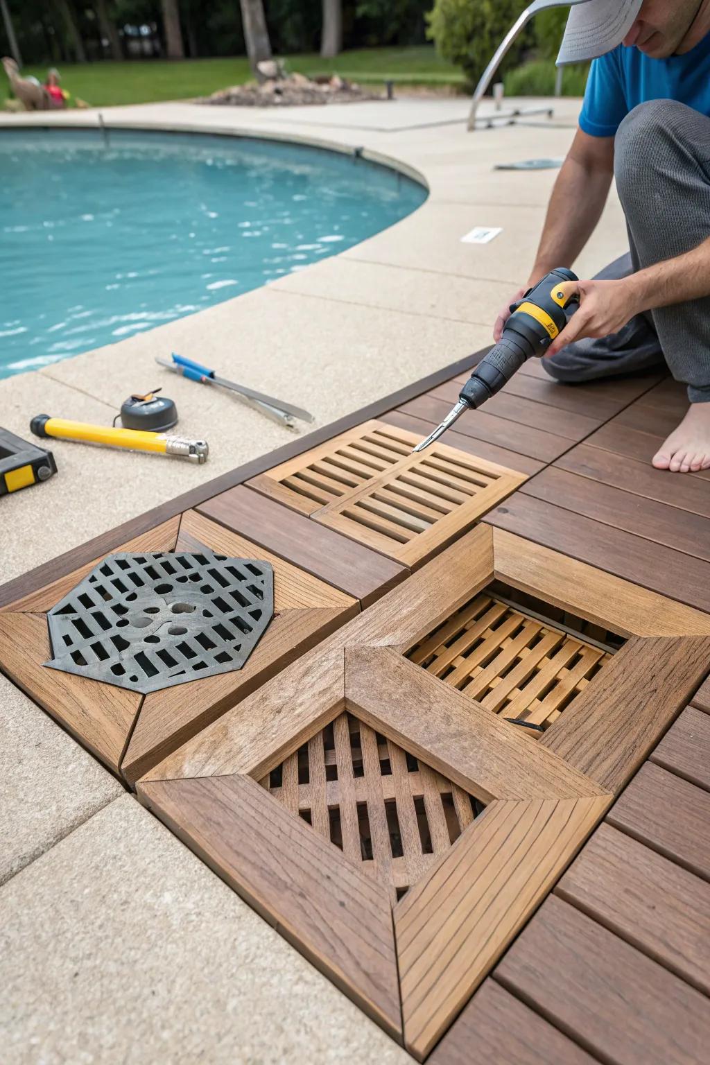 Handmade drain covers match the deck’s aesthetic perfectly.