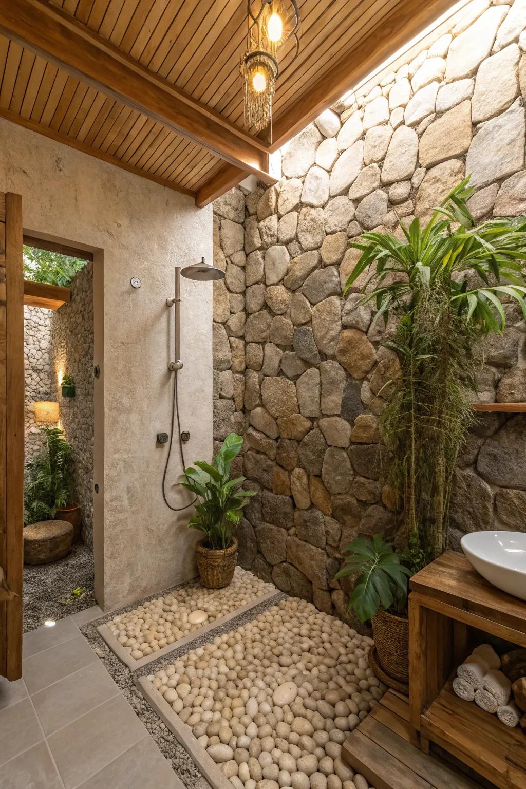 Stone textures create a natural harmony in concealed shower spaces.