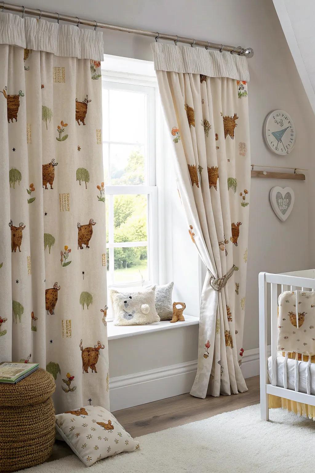 Curtains with prairie bovine patterns add style and practicality.