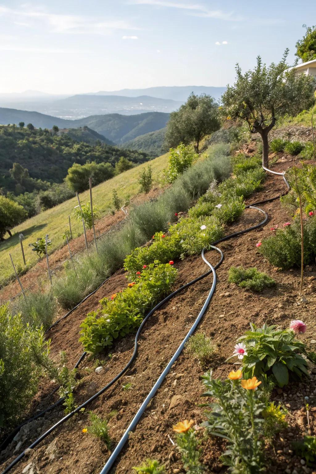 Drip irrigation systems water hillside gardens efficiently while conserving water.