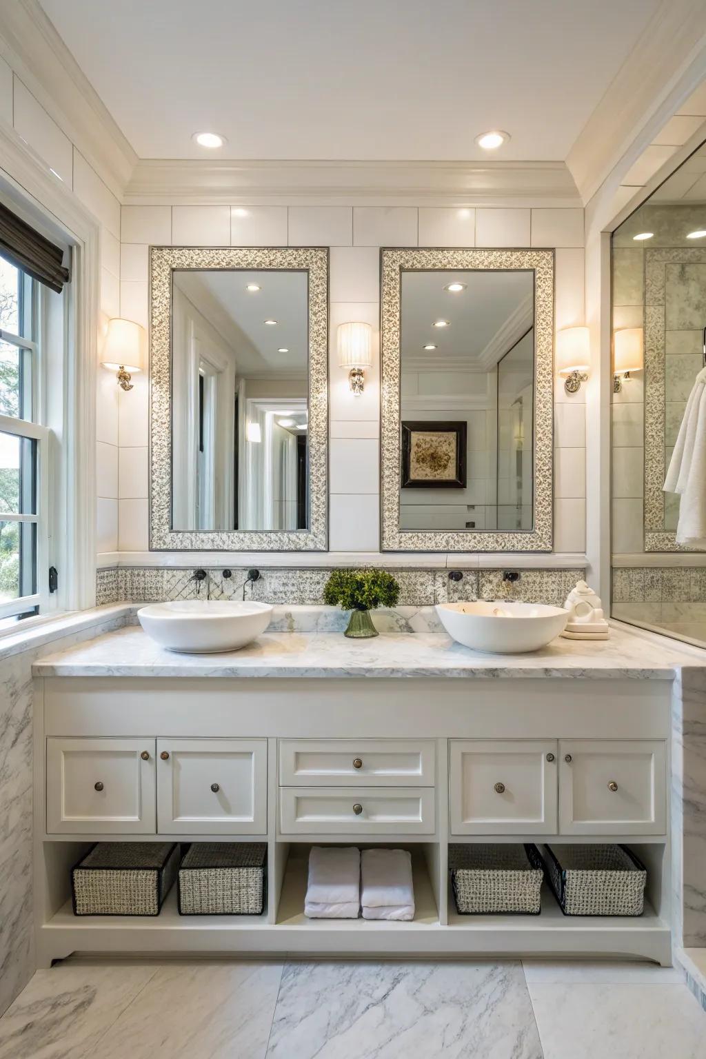 A personalized bathroom with custom niches for him and her.