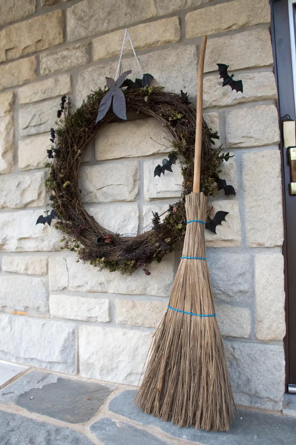 Make a visual impact through a wreath centered around a broom.