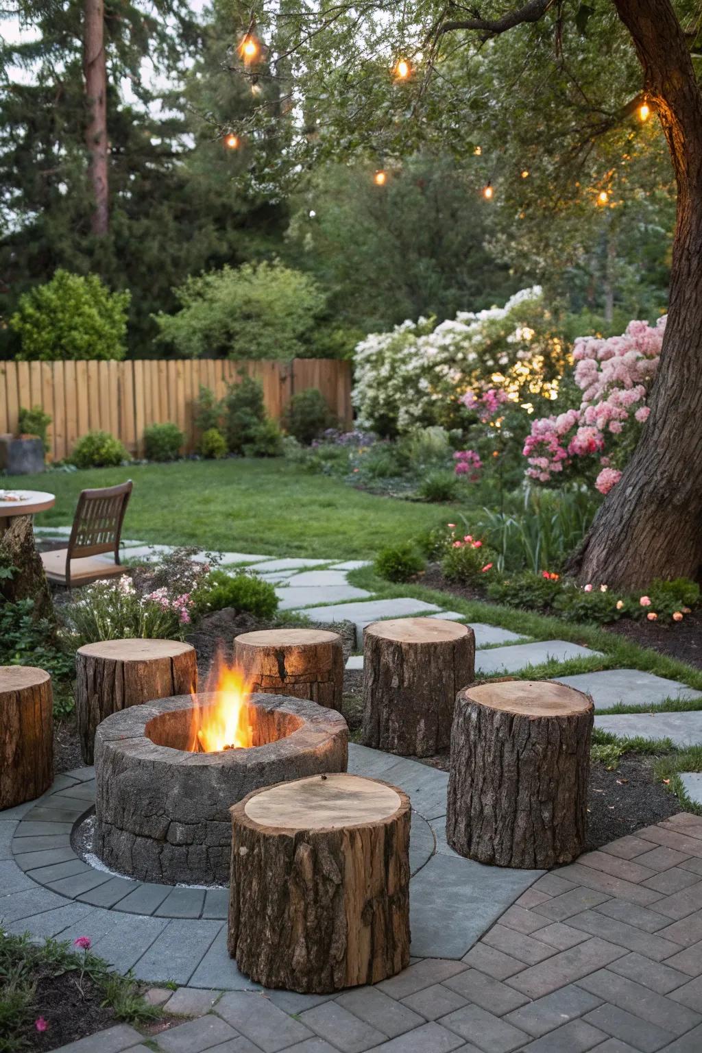 Natural stump seating encircling a bonfire spot crafts a cozy gathering area.