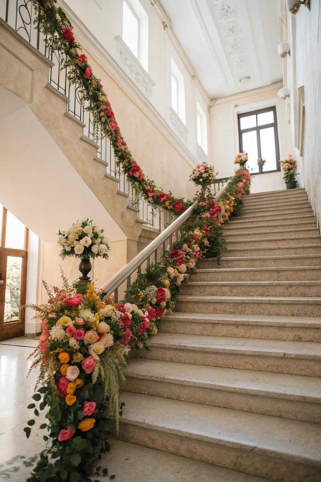 Blossom garlands transform staircases into festive focal points.