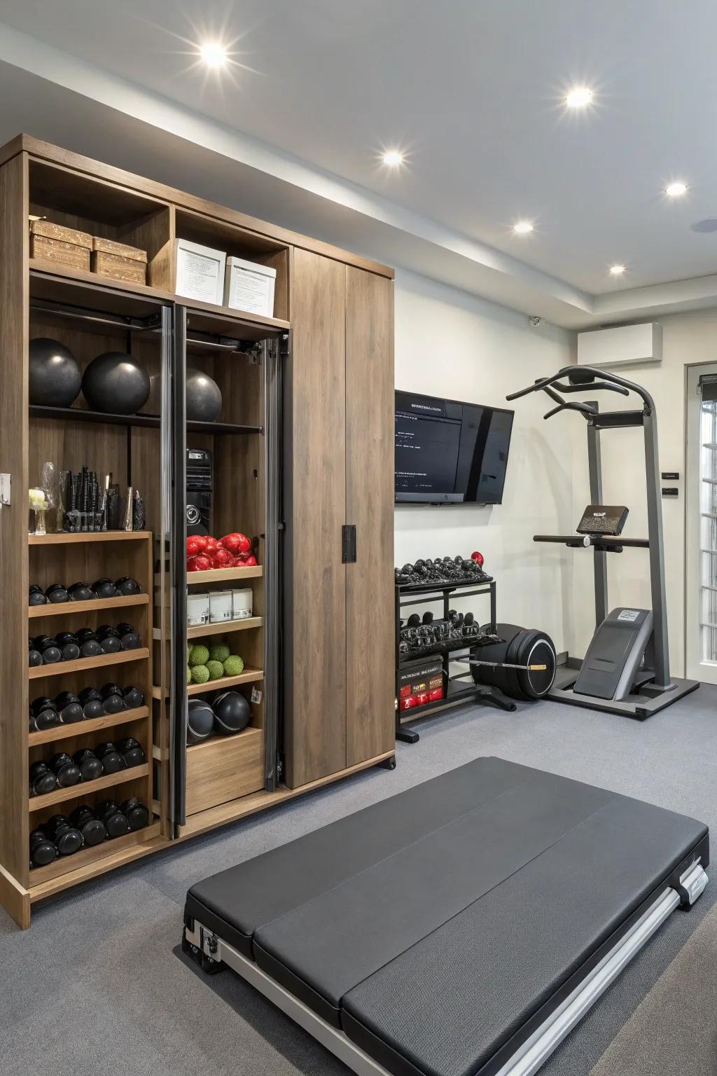 Hidden storage maintains your gym space tidy and uncluttered.