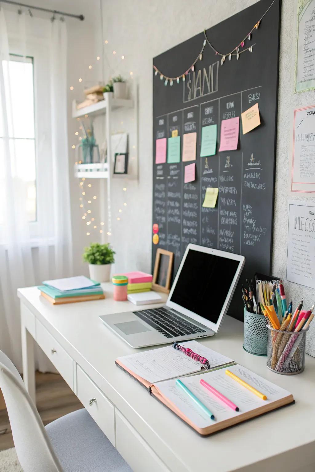 A writable wall encourages functionality and creativity in this home office.