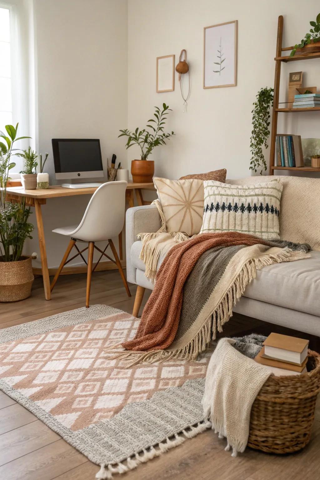 Layering textiles enriches your workspace with added warmth and comfort.